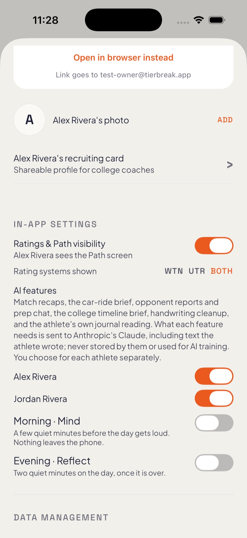 In-app settings: AI features explained in plain language, switched separately for each athlete