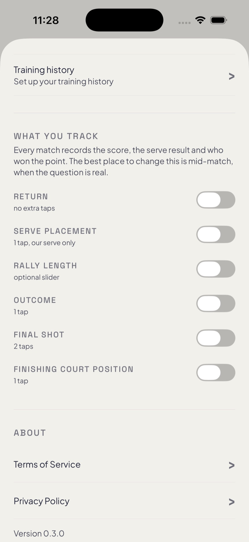 Live tracking settings: every capture step is its own toggle, all off until you choose