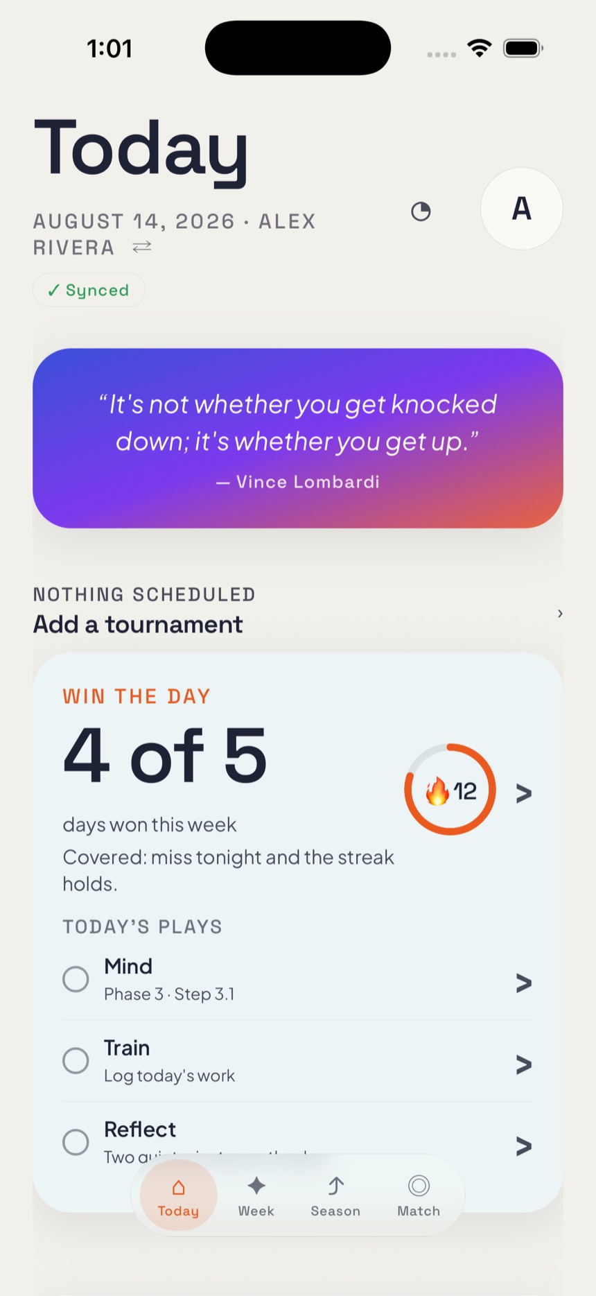 The TierBreak Today screen: a 12-day streak, four of five days won, today's three plays
